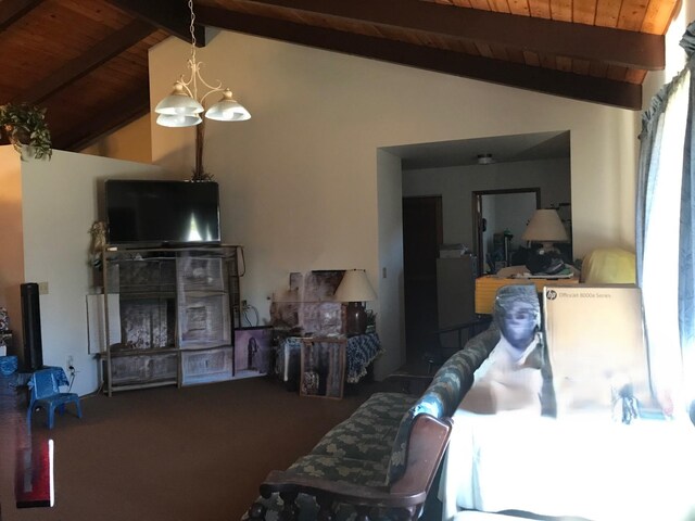 carpeted bedroom with an inviting chandelier, wood ceiling, high vaulted ceiling, and beamed ceiling