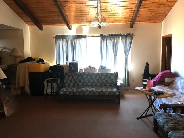 carpeted living room with wooden ceiling and vaulted ceiling with beams