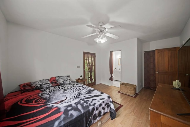 bedroom with connected bathroom, ceiling fan, and light hardwood / wood-style flooring