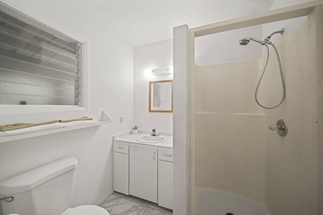 bathroom featuring a shower, vanity, and toilet