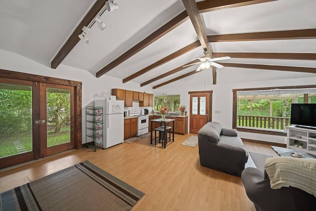 living room with vaulted ceiling with beams, light hardwood / wood-style floors, and a healthy amount of sunlight