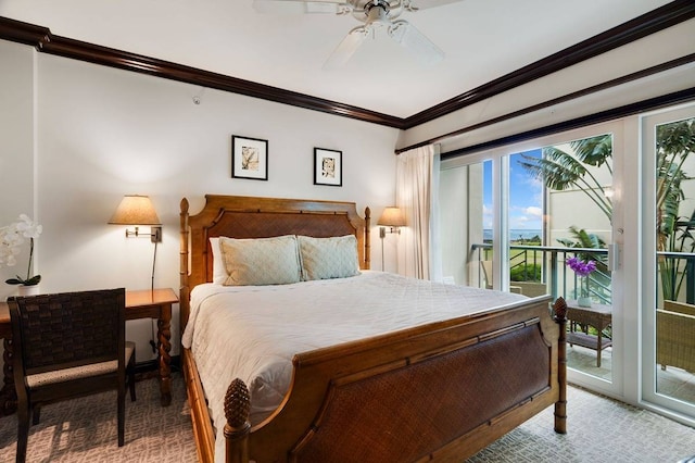 bedroom with ceiling fan, access to exterior, and multiple windows