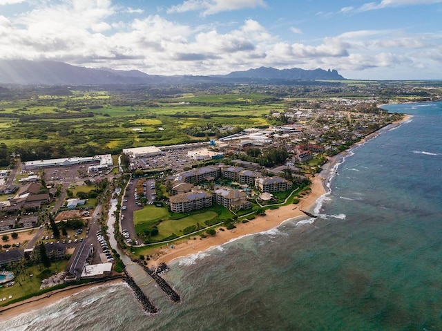 bird's eye view featuring a water and mountain view