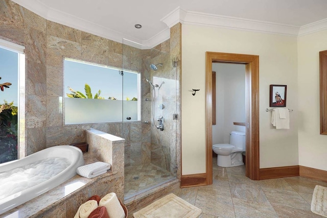 bathroom featuring tile walls, shower with separate bathtub, tile flooring, toilet, and ornamental molding