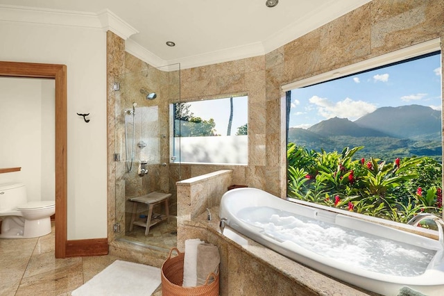 bathroom with independent shower and bath, tile floors, a mountain view, and crown molding