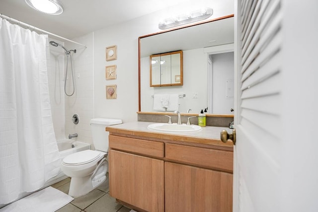 full bathroom with toilet, tile flooring, shower / tub combo with curtain, and vanity