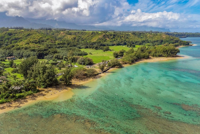 birds eye view of property featuring a beach view and a water view