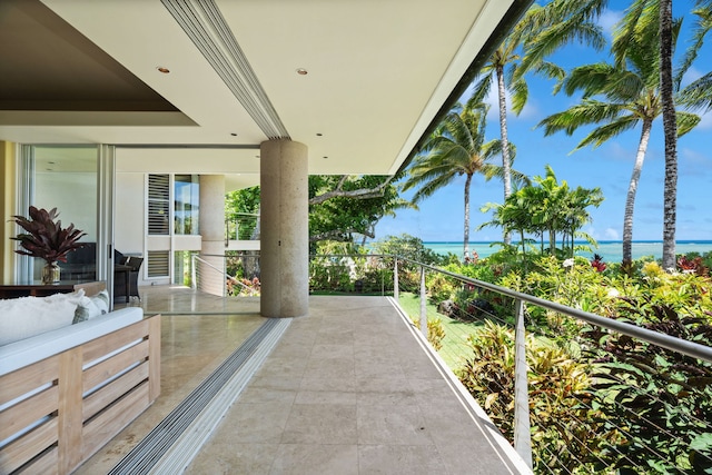 exterior space with a water view