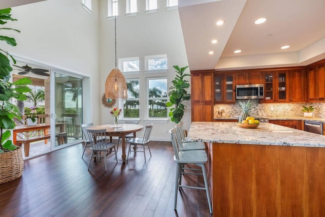 kitchen featuring backsplash, dark hardwood / wood-style floors, a towering ceiling, light stone counters, and stainless steel appliances