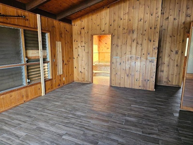 spare room featuring beamed ceiling, wood walls, dark wood-type flooring, and wood ceiling