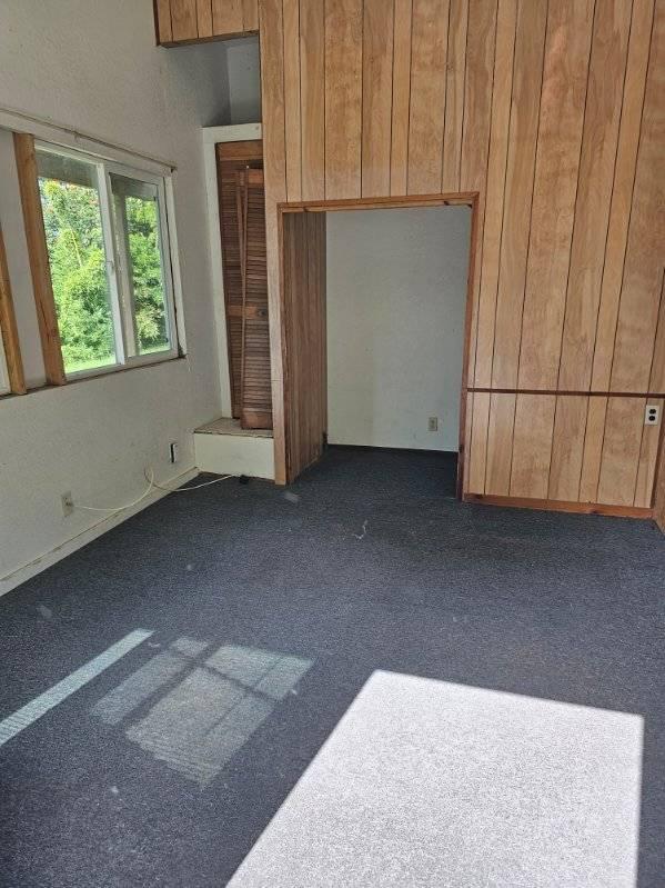 unfurnished living room with wooden walls and dark colored carpet