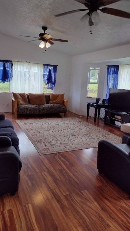 living room with dark wood-type flooring, a textured ceiling, ceiling fan, and vaulted ceiling