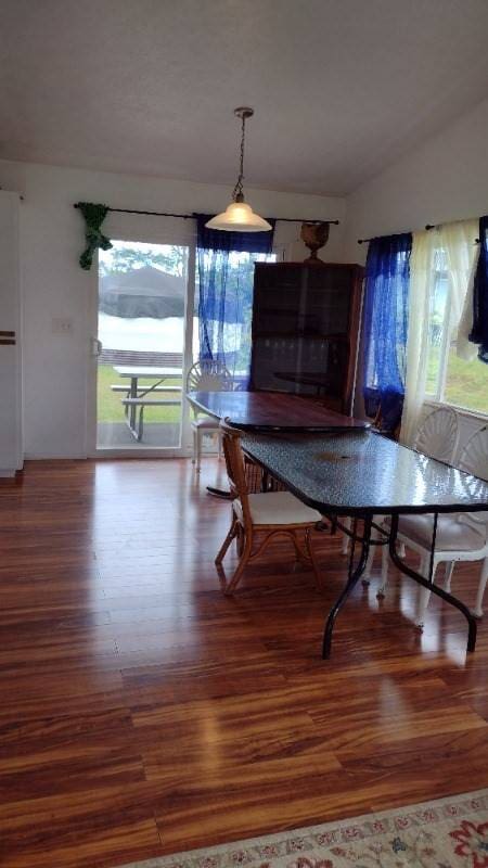 dining area with vaulted ceiling, hardwood / wood-style flooring, and a wealth of natural light