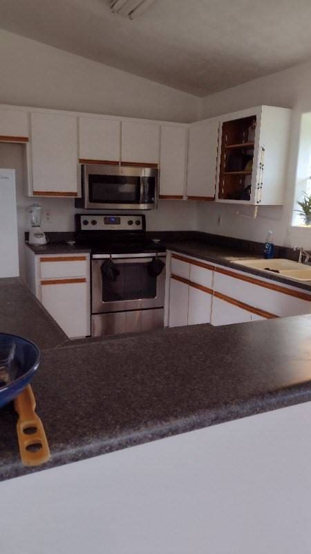 kitchen featuring stainless steel appliances, white cabinetry, and sink