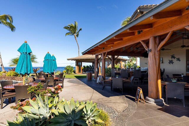 view of patio / terrace featuring a gazebo, an outdoor hangout area, and ceiling fan