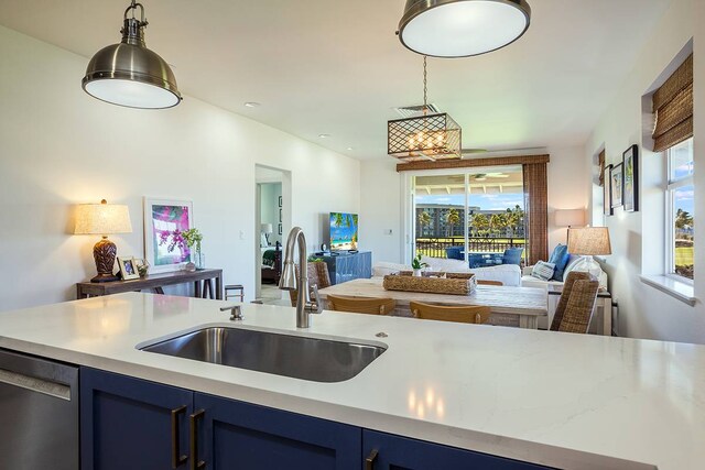 kitchen featuring sink, plenty of natural light, hanging light fixtures, and dishwasher