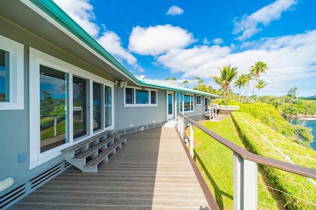 wooden deck featuring a water view and a yard