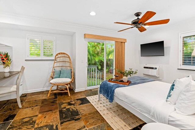 tiled bedroom featuring a wall mounted AC, access to exterior, ceiling fan, and multiple windows