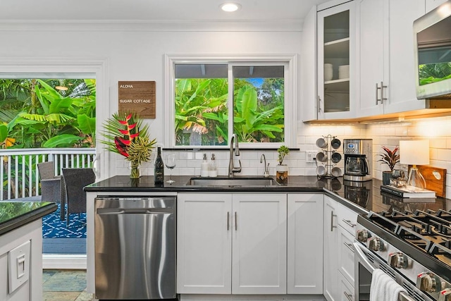 kitchen with white cabinetry, backsplash, and stainless steel dishwasher