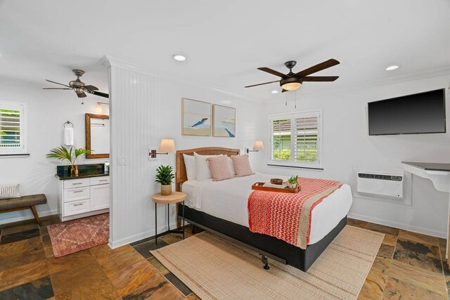 bedroom with dark tile floors, multiple windows, and ceiling fan