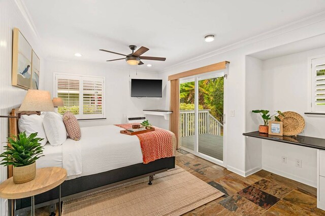 bedroom featuring ceiling fan, access to exterior, and ornamental molding