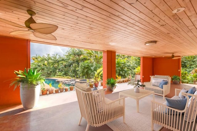 view of patio with ceiling fan and an outdoor hangout area