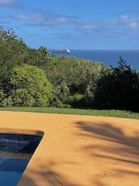 view of home's community with a water view and a swimming pool