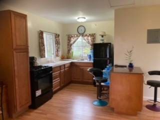 kitchen featuring light hardwood / wood-style flooring and black stove