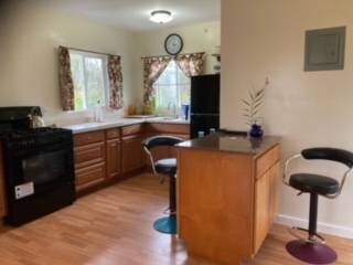 kitchen with black / electric stove and light hardwood / wood-style floors