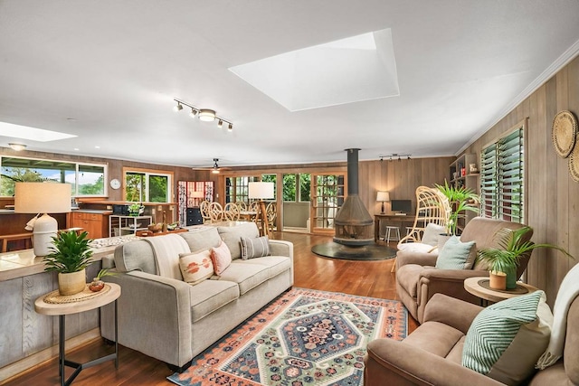 living room with wood walls, a skylight, dark hardwood / wood-style floors, and ceiling fan