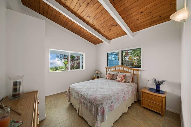 tiled bedroom featuring vaulted ceiling with beams, wooden ceiling, and multiple windows