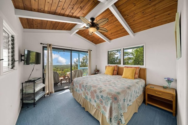 carpeted bedroom featuring access to exterior, vaulted ceiling with beams, ceiling fan, and wood ceiling