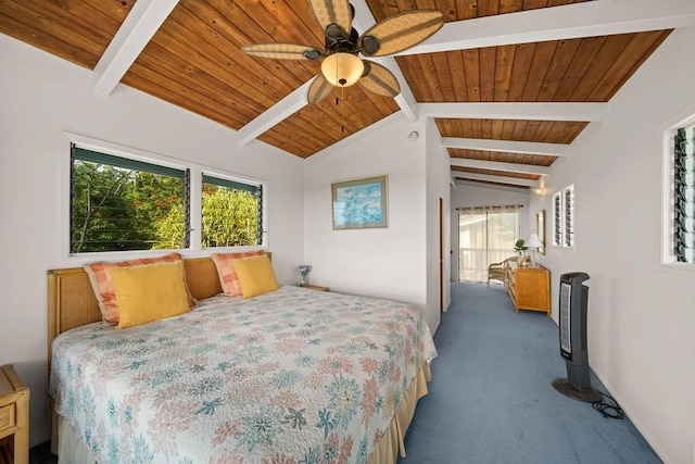 bedroom with wood ceiling, lofted ceiling with beams, ceiling fan, and dark carpet