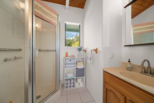 bathroom featuring vaulted ceiling with beams, a shower with door, vanity, and wood ceiling