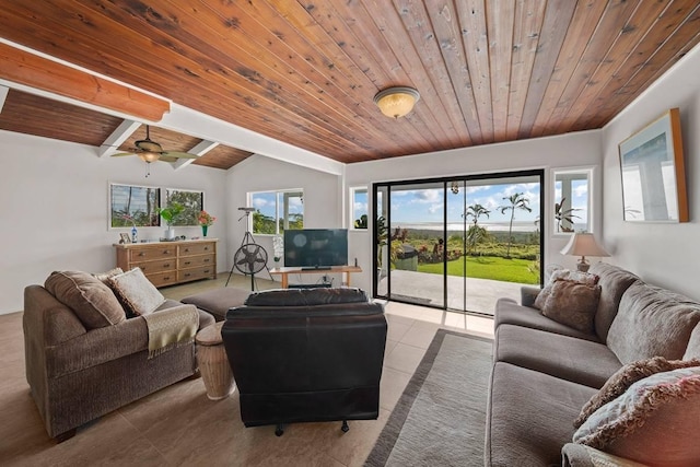 tiled living room with vaulted ceiling with beams, ceiling fan, and wood ceiling