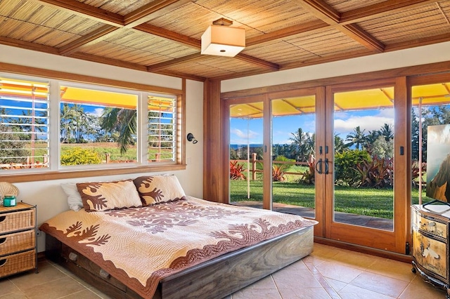 tiled bedroom featuring coffered ceiling, wooden ceiling, beamed ceiling, and access to outside