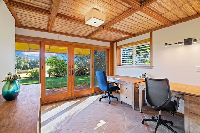 office area featuring coffered ceiling, beamed ceiling, light tile flooring, french doors, and wood ceiling