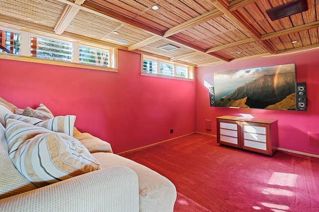 cinema room with dark carpet, coffered ceiling, wood ceiling, and beamed ceiling