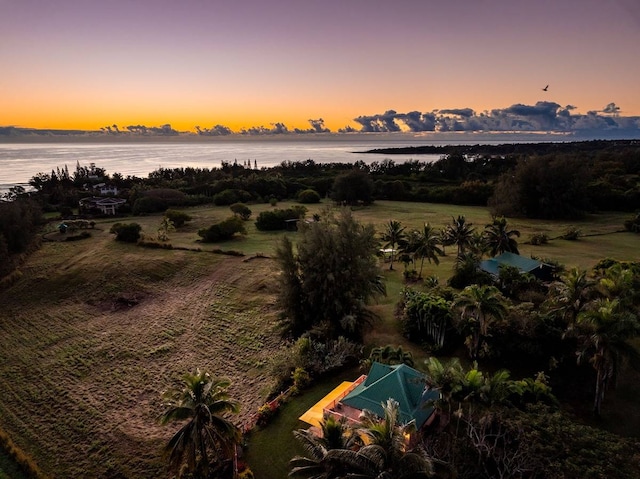 aerial view at dusk featuring a water view