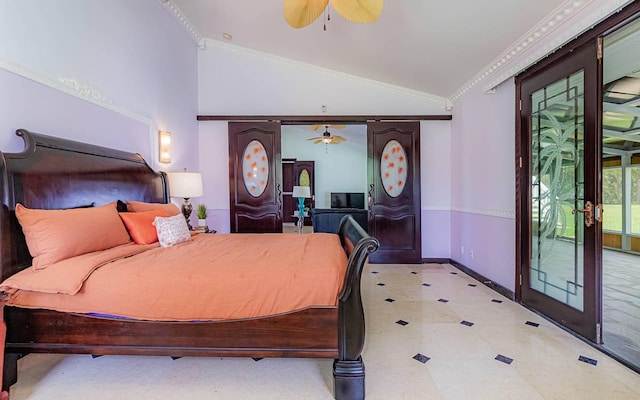 bedroom featuring crown molding, ceiling fan, access to exterior, and vaulted ceiling