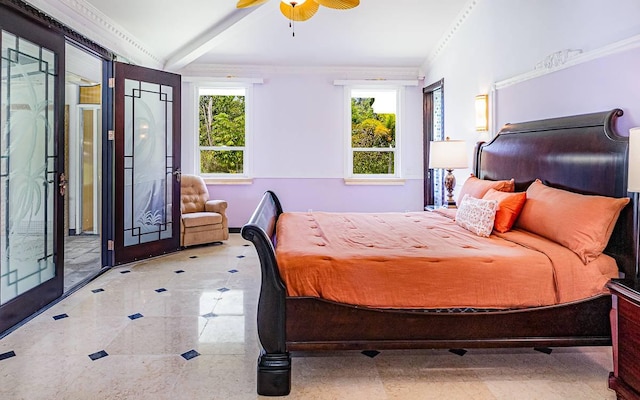 bedroom featuring multiple windows, crown molding, and beamed ceiling