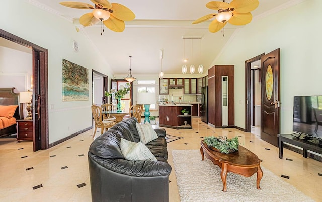 living room with high vaulted ceiling, ornamental molding, and ceiling fan