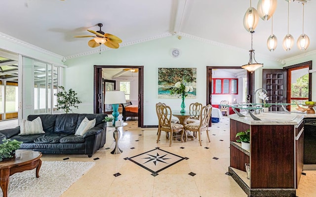 living room featuring crown molding, vaulted ceiling with beams, and ceiling fan