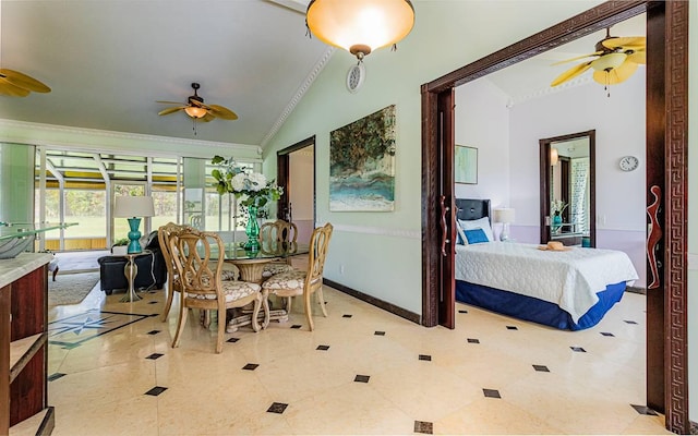 dining space featuring vaulted ceiling, crown molding, and ceiling fan