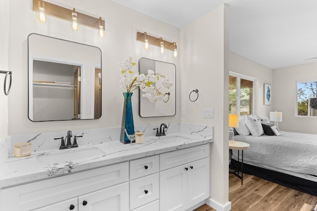 bathroom with hardwood / wood-style flooring and vanity