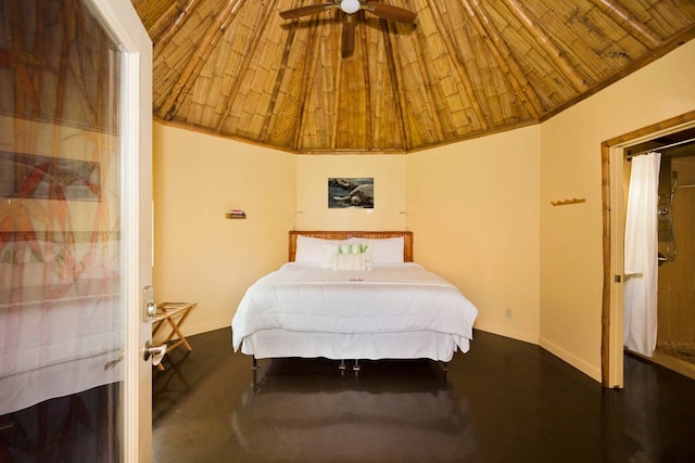 bedroom featuring wooden ceiling, ceiling fan, and lofted ceiling