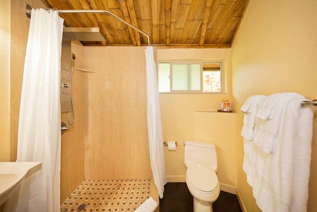 bathroom featuring wood ceiling, toilet, and curtained shower