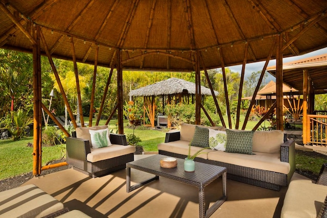 view of patio / terrace with a gazebo and outdoor lounge area