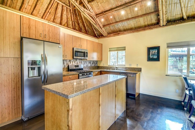 kitchen with backsplash, appliances with stainless steel finishes, light stone counters, wooden ceiling, and sink