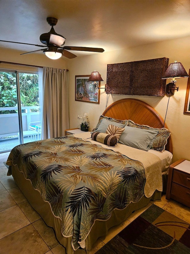 bedroom with access to outside, tile patterned flooring, and ceiling fan